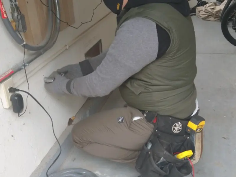 Electrician performing outlet wiring in a Oracle garage